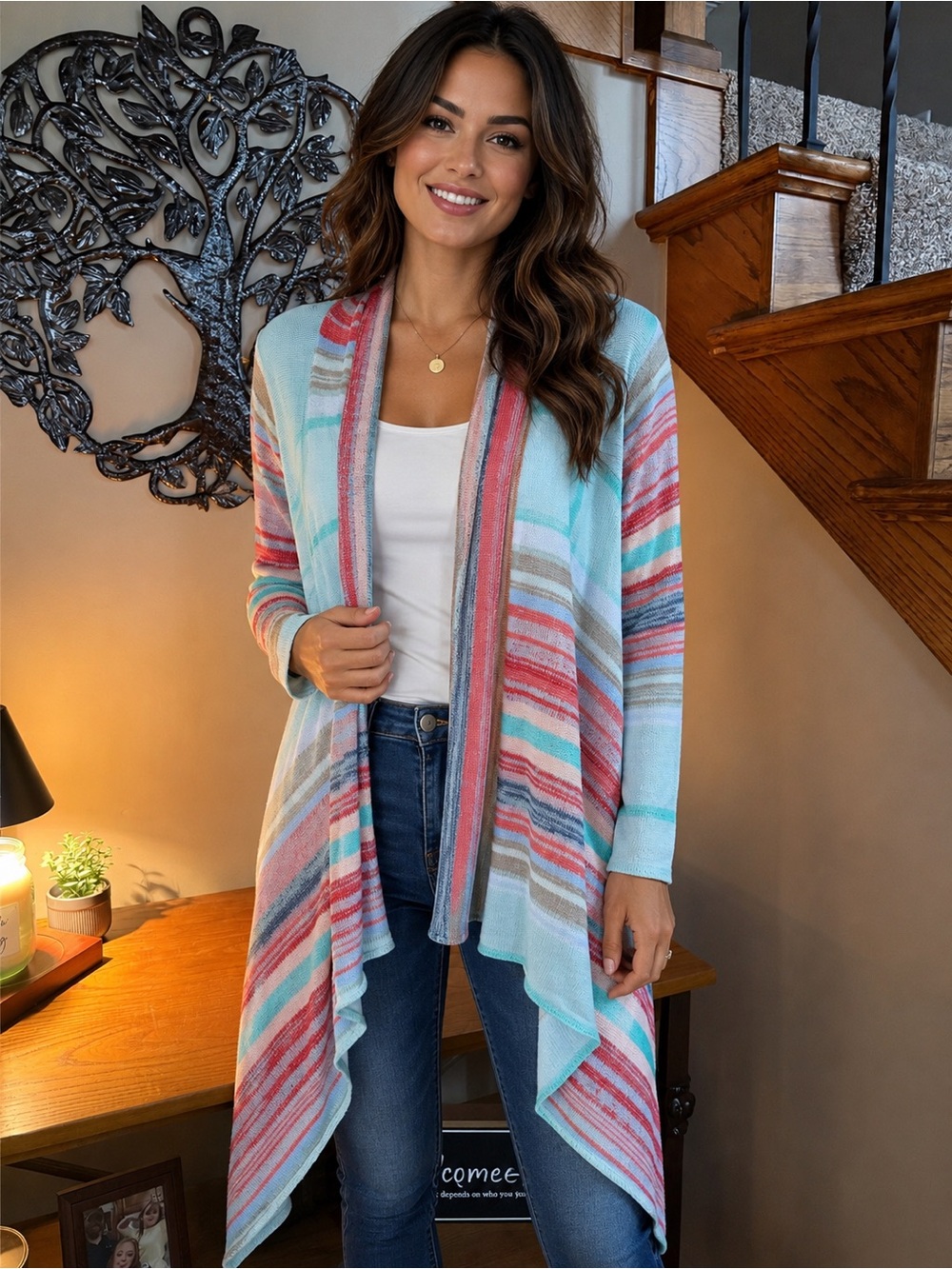 Goddis - Striped Open-Front Lightweight Cardigan - Aqua & Coral